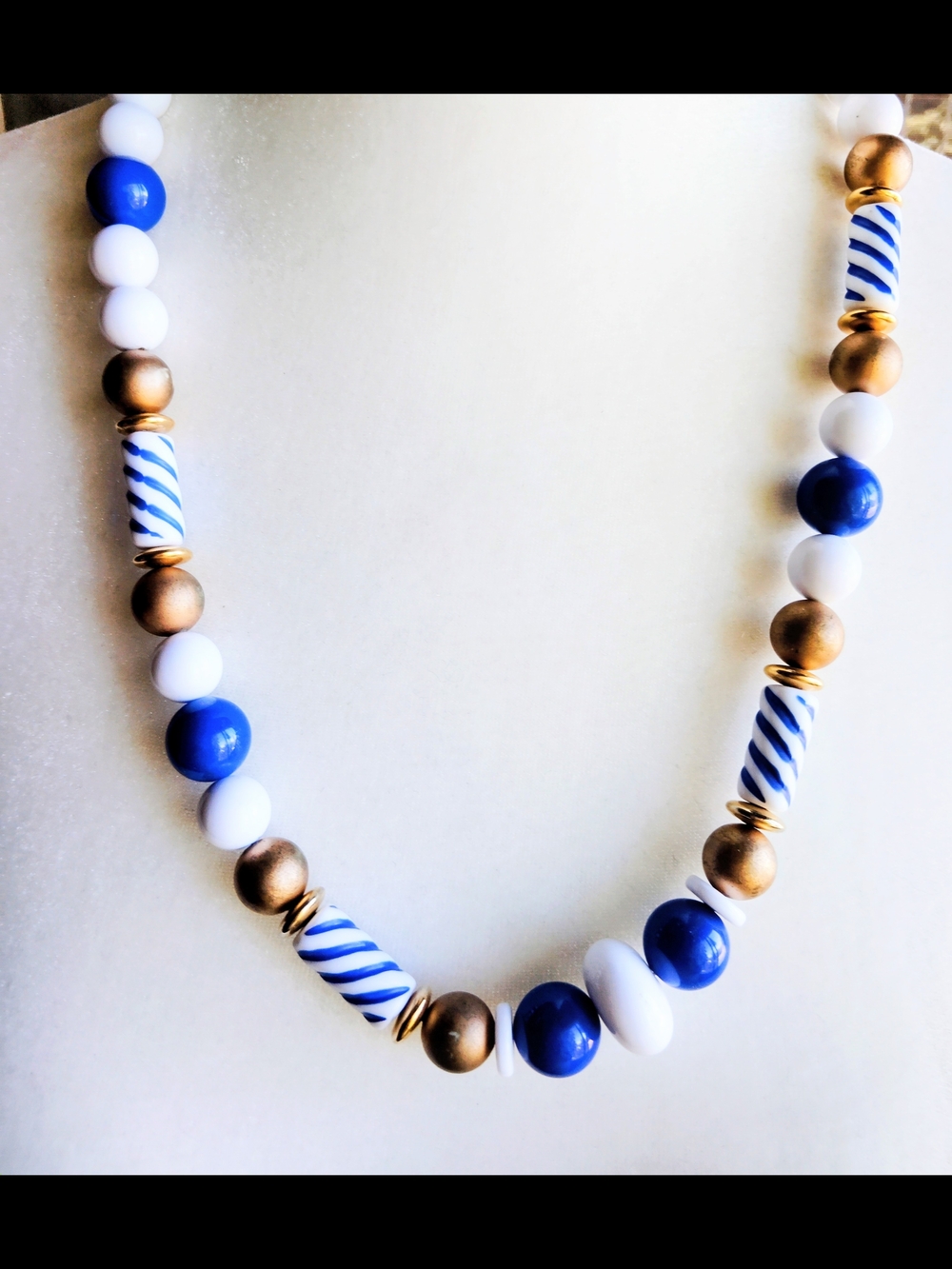 Blue, White & Gold Beaded Lucite Necklace - Women Jewelry